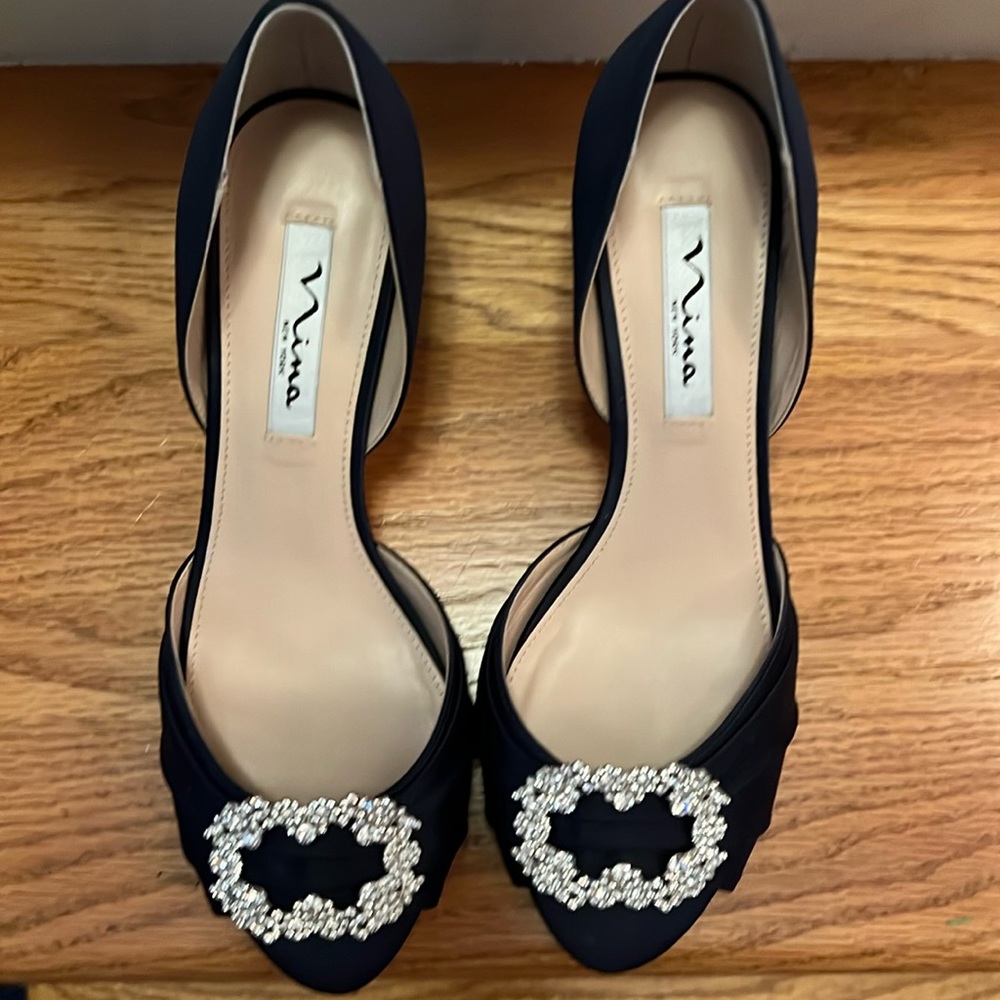 Navy satin shoe with decorative crystal buckle